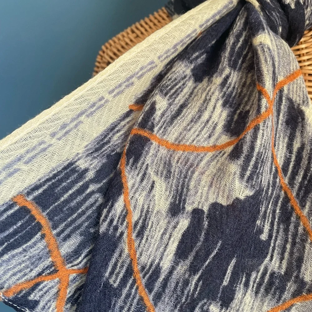 Anna Kaszer Paris NWT Lightweight Wool Scarf Navy Blue Orange Cream 20 x 64